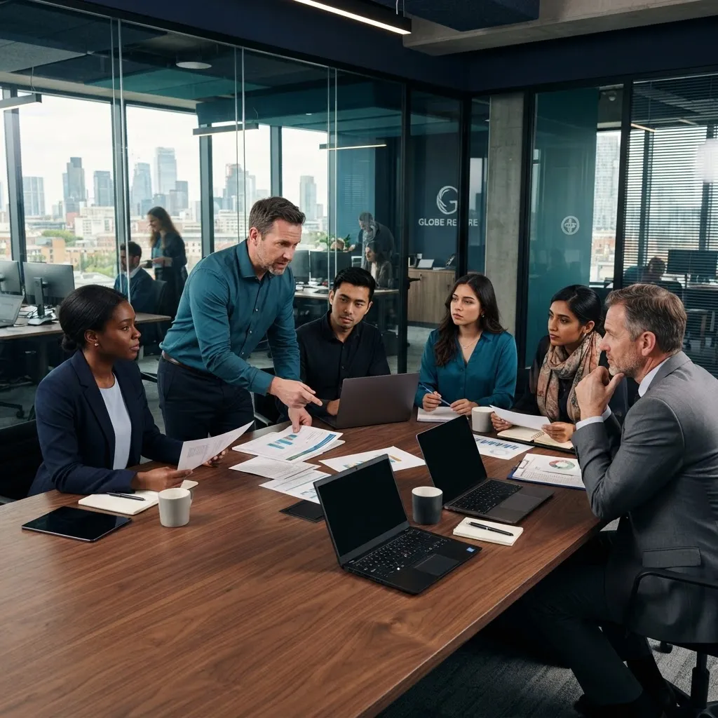 Global RE team discussion in an office setting